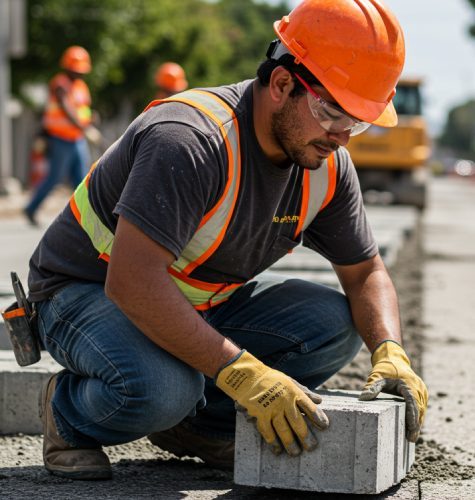 Homem em meio a construção colocando bloquetes de concreto Homem em meio a construção colocando bloquetes de concreto