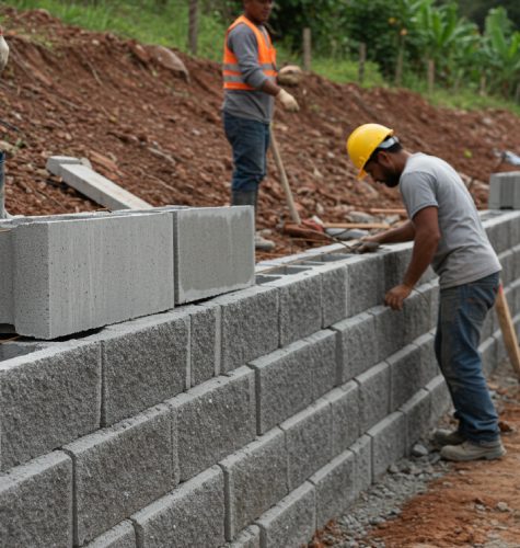 Muro de arrimo sendo construido por pedreiros Muro de arrimo sendo construido por pedreiros