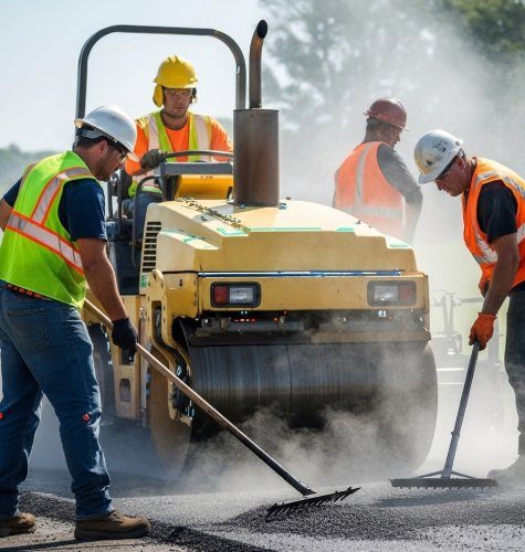 Serviços Profissionais de Pavimentação Asfáltica Equipe de trabalhadores da construção civil realizando serviço de pavimentação asfáltica com rolo compactador e rastelos em uma estrada ensolarada.